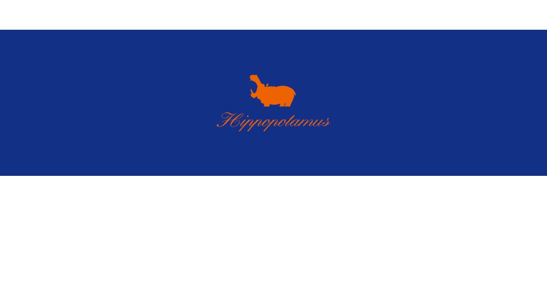 藍色背景上，一個橘色河馬剪影，嘴巴張開，下方有橘色藝術字體「Hippopotamus」。