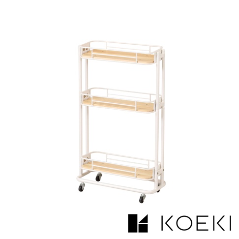 白色三層置物夾縫式收納推車，附有木質層板與四個滾輪。