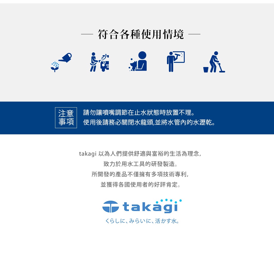 六個藍色線條圖示，分別代表澆水、清潔、洗車、擦窗、掃地和清洗地板等生活場景。