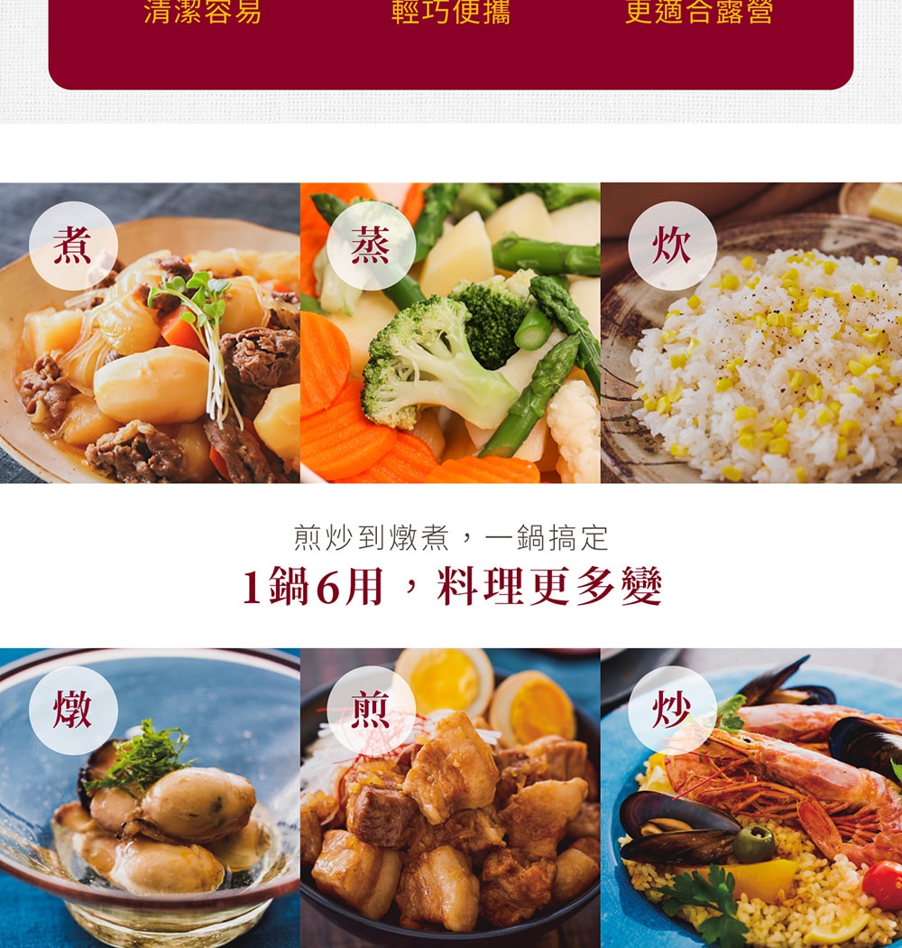 鍋具展示了多種烹飪方式，包括燉煮、蒸、炒、煮，以及海鮮燉飯和滷肉等料理，並標示著「煎炒燉煮」、「1鍋6用，料理更多變」等文字。