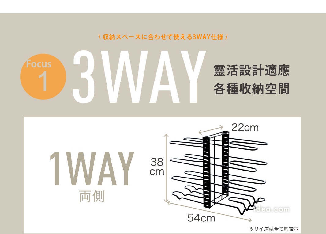 圖片文字：収納スペースに合わせて使える3WAY仕様 3WAY 靈活設計適應各種收納空間 1WAY 兩側 38cm 22cm 54cm サイズは全て約表示