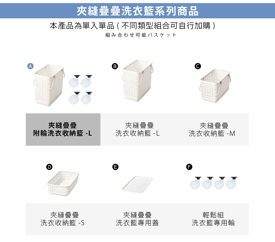 模式A： 圖片文字：夾縫疊疊洗衣籃系列商品 本產品為單入單品（不同類型組合可自行加購） 組み合わせ可能バスケット A 夾縫疊疊 附輪洗衣收納籃-L B 夾縫疊疊 洗衣收納籃-L C 夾縫疊疊 洗衣收納籃-M D 夾縫疊疊 洗衣收納籃-S E 夾縫疊疊 洗衣籃專用蓋 F 輕鬆組 洗衣籃專用輪