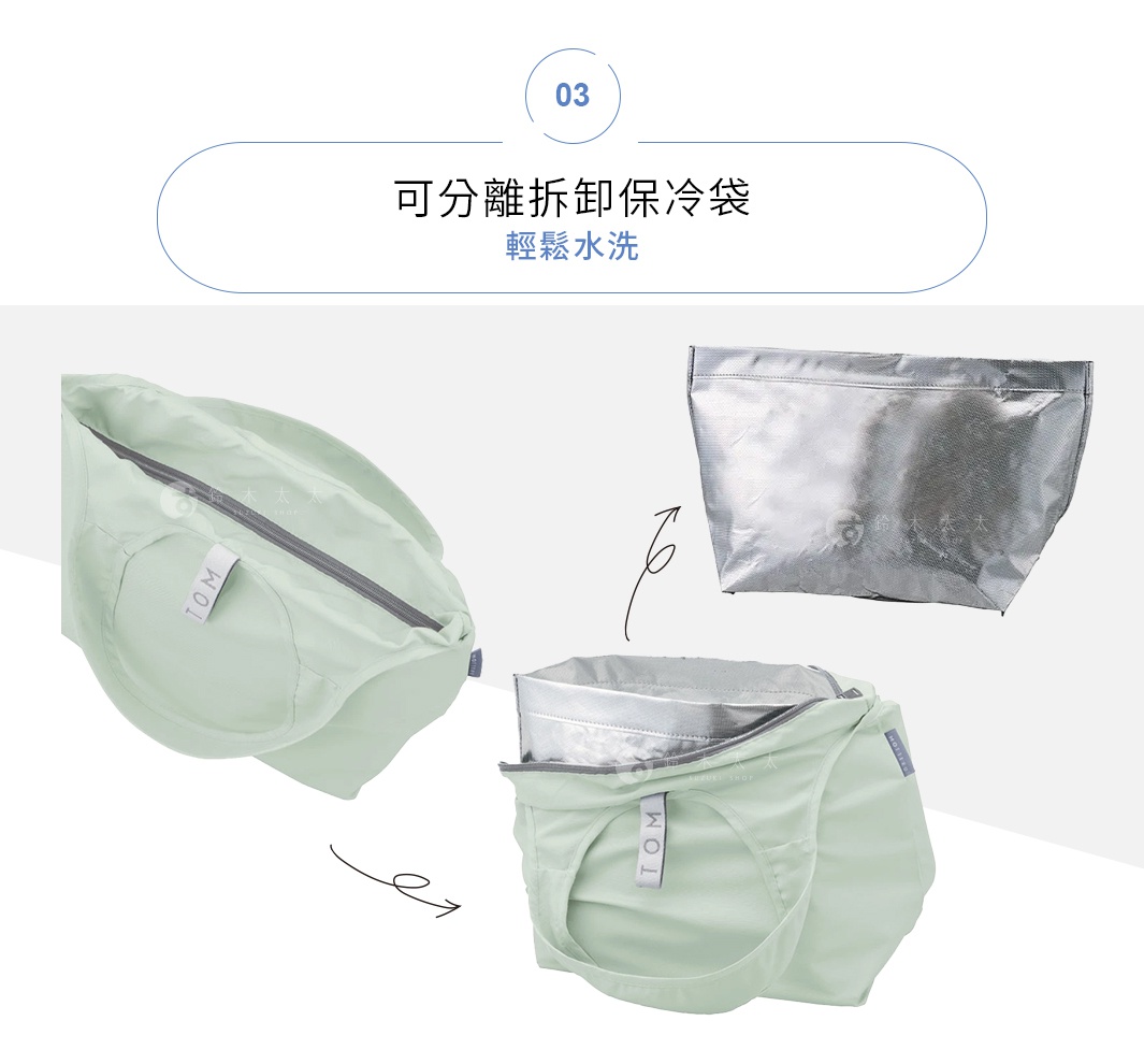 展示一個淺綠色的可拆卸內袋摺疊保冷托特袋，內袋為銀色隔熱材質，袋身印有「TOM」字樣的白色標籤。