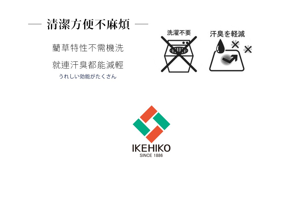 清潔方便不麻煩，藺草特性無需機洗，能減輕汗臭。圖片包含洗滌標誌，顯示不可機洗，以及汗臭標誌，顯示減輕汗臭。下方為 IKEHIKO 品牌標誌。