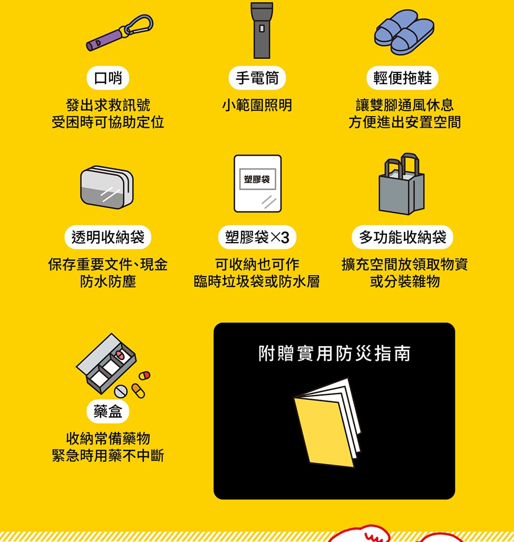 圖片文字：口哨，發出求救訊號受困時可協助定位。手電筒，小範圍照明。輕便拖鞋，讓雙腳通風休息方便進出安置空間。透明收納袋，保存重要文件現金防水防塵。塑膠袋乘以三，可收納也可作臨時垃圾袋或防水層。多功能收納袋，擴充空間放領取物資或分裝雜物。藥盒，收納常備藥物緊急時用藥不中斷。附贈實用防災指南。