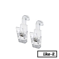 一組兩個透明壓克力材質的掛式小物夾，帶有銀色金屬彈簧，夾子部分為方形設計，頂端有掛鉤。