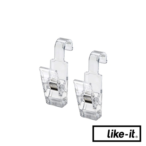 一組兩個透明壓克力材質的掛式小物夾，帶有銀色金屬彈簧，夾子部分為方形設計，頂端有掛鉤。