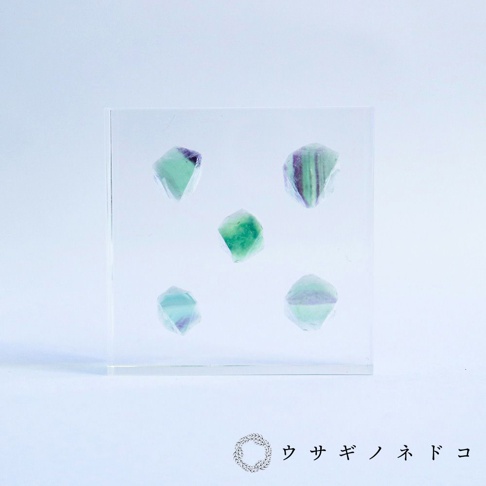 透明壓克力塊中展示五顆綠色與紫色漸層的螢石八面體標本，標本厚度約1.5公分。