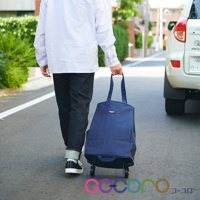 一位男士正拖著一個深藍色的可折疊購物車，購物車有兩個輪子和兩個提把，購物車上有品牌標誌。