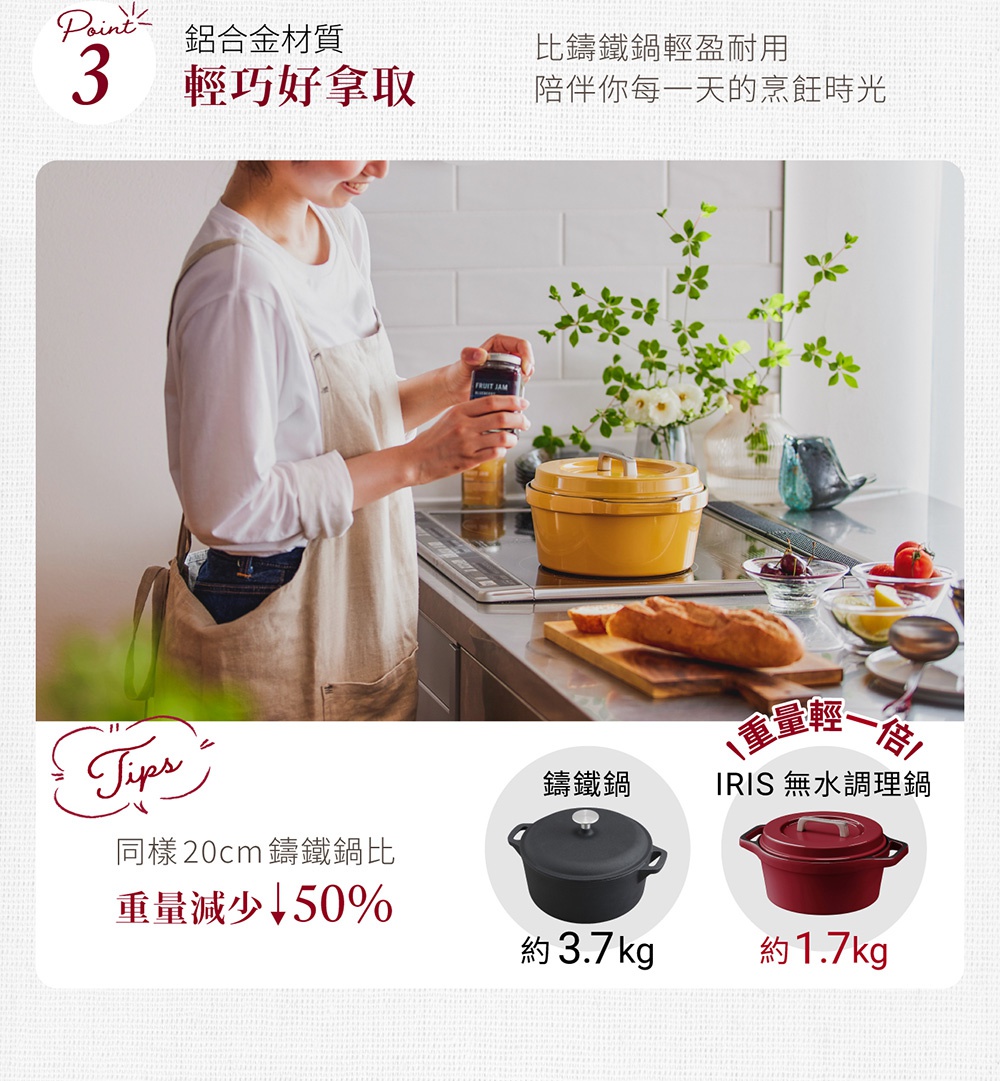 COTOCO 萬用無水調理鍋24cm，展示黃色款式，搭配廚房場景，旁邊有食材與裝飾。下方有黑色鑄鐵鍋與紅色IRIS無水調理鍋的對比圖。