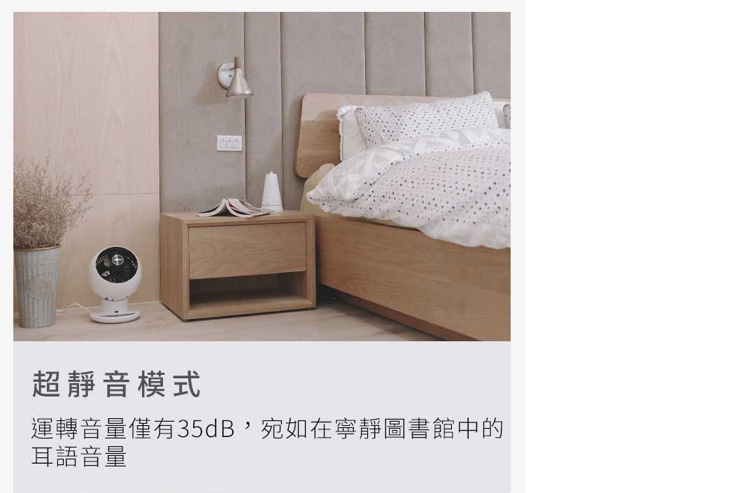 床頭櫃旁有一個白色圓形空氣循環扇，配有銀色底座和黑色風扇網罩。
