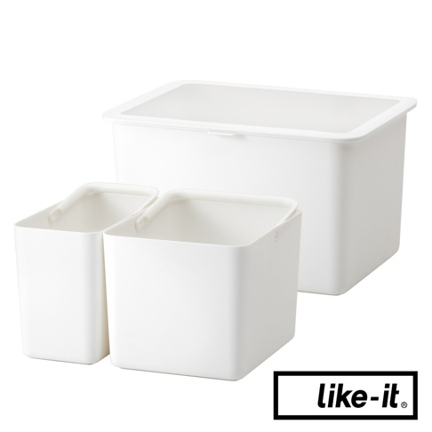 like-it 品牌白色分隔收納盒，包含一個大型收納盒和兩個小型收納盒，背景為白色。