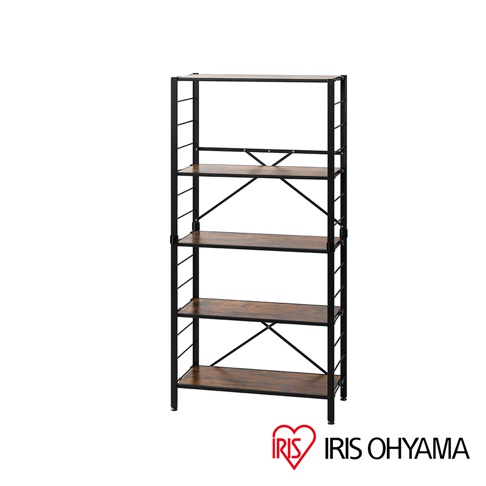 IRIS OHYAMA 萬能摺疊層架 KRSR-5 是一款帶有仿舊木紋層板的五層置物架，框架為黑色金屬。
