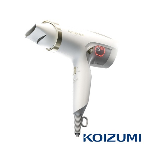 KOIZUMI 智能吹風機，具有數位顯示螢幕，顯示溫度與模式，手柄處有風量及冷熱風切換按鈕。