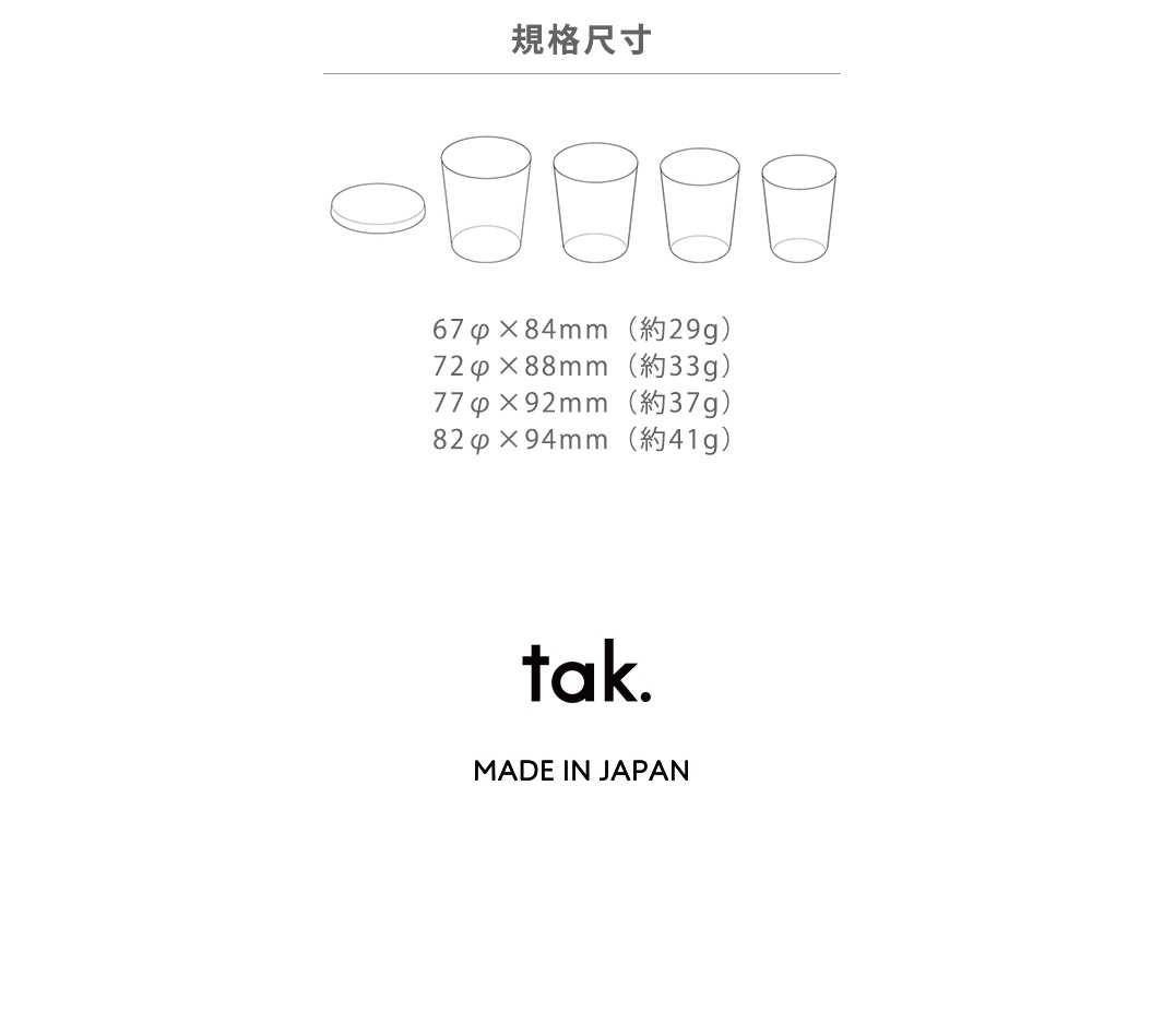 四個不同尺寸的透明水杯，包含一個杯蓋，旁邊附有各尺寸的直徑、高度與重量數據。