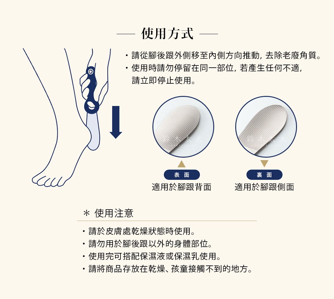 使用方式

請從腳後跟外側移至內側方向推動，去除老廢角質
使用時請勿停留在同一部位，若產生任何不適，請立即停止使用

　表面　　　　　　裏面

適用於腳跟背面　　適用於腳跟側面

＊ 使用注意
請於皮膚處乾燥狀態時使用
請勿用於腳後跟以外的身體部位
使用完可搭配保濕液或保濕乳使用
請將商品存放在乾燥、孩童接觸不到的地方
