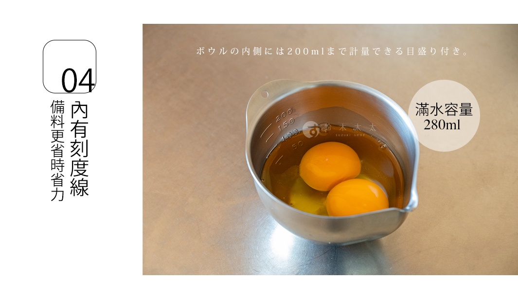 一張展示不鏽鋼料理備料盆的俯視特寫圖，碗內放有兩顆生雞蛋。盆身內側標示有清晰的計量刻度，從50ml到200ml，右側文字說明其滿水容量為280ml。左側標題處則註明此產品具備便利的內刻度線設計，適合在料理時精準量測。