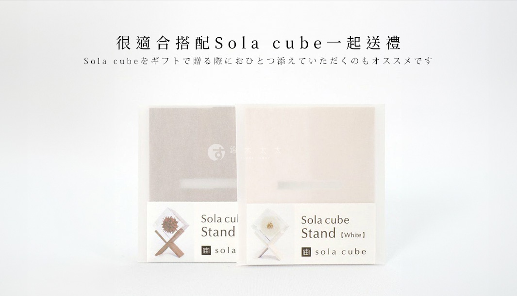 兩個 usaginonedoko 京都兔之床 Sola cube 立方塊置物架組合，一個為米色包裝，另一個為白色包裝，上方有日文標語，下方展示著置物架上的透明立方塊內有植物或花朵，以及標有 Sola cube Stand 字樣。