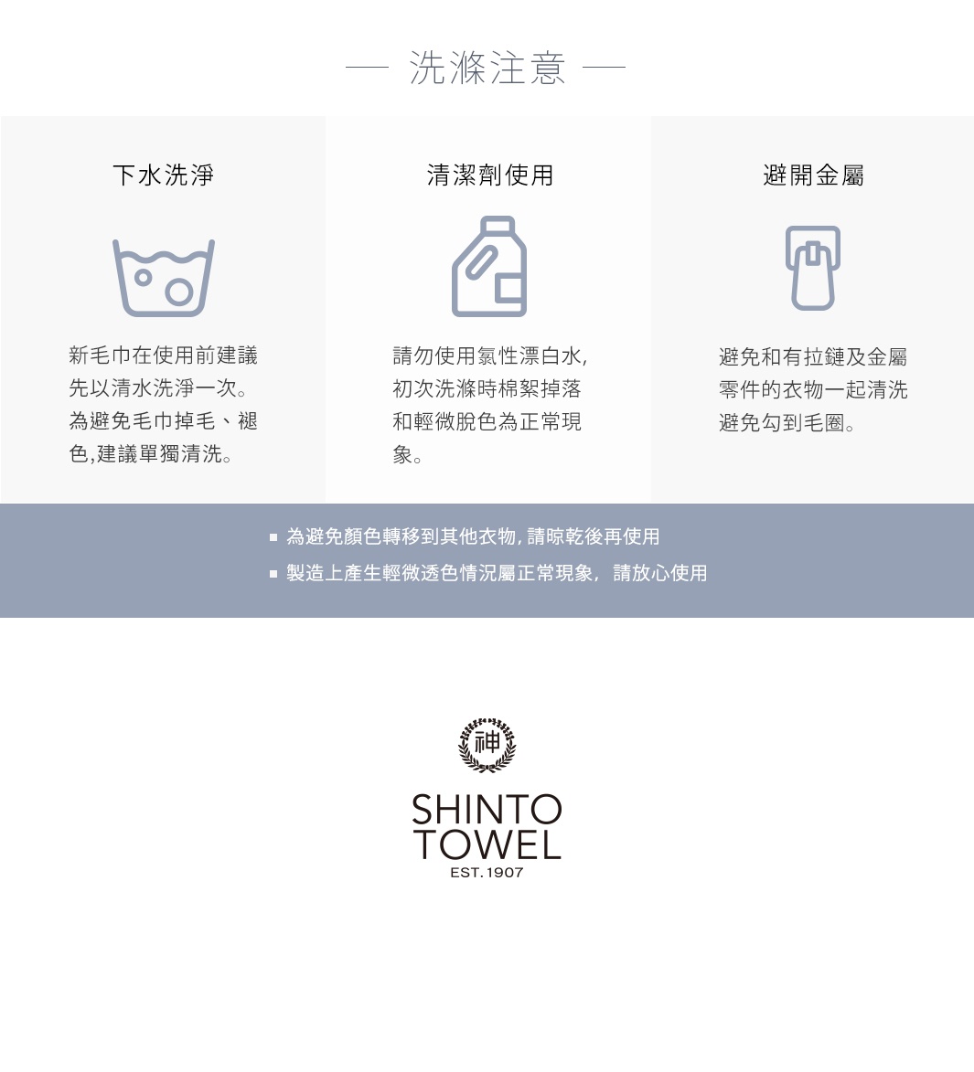 圖示為洗滌注意事項，包含「下水洗滌」的洗衣機圖示、關於「清潔劑使用」的清潔劑瓶圖示、以及「避開金屬」的帶有金屬扣的衣物圖示。