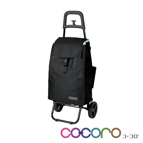 黑色輕量折疊購物車，附有可伸縮手柄、前置扣帶和側面口袋。此款購物車採用耐磨材質，配有兩個輪子，方便移動。