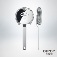 兩個銀色不鏽鋼長柄濾酒隔冰匙，一個正面顯示圓形濾網與品牌標誌，另一個側面顯示濾網的螺旋結構。