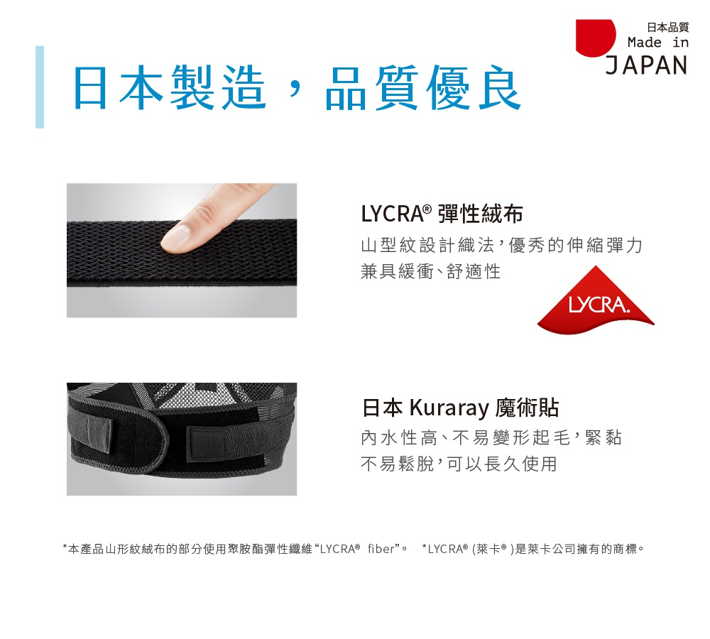 BX Fit 美姿調整背帶經典款，黑色，使用山型紋設計的 Lycra® 彈性纖維織布，搭配日本 Kuraray 魔術貼，材質具有彈性、透氣、不易起毛且牢固。