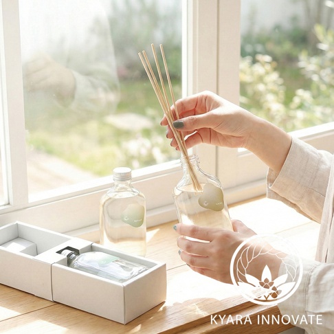 KYARA INNOVATE 品牌標誌旁，一雙手正將幾根香氛擴香竹插入裝有淡黃色液體的擴香瓶中，旁邊擺放著另一瓶香氛產品和一個白色禮盒。
