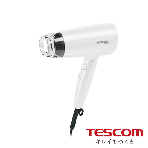 TESCOM TD200TW 輕量型負離子吹風機，清新白色，機身設有風量與溫度調節開關，黑色電源線。