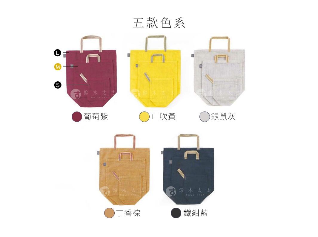 五款提把蔬果透氣保存收納袋：葡萄紫、山吹黃、銀鼠灰、丁香棕、鐵鏽藍。袋子為布質，有兩個提把，正面有口袋設計，並標示有 S、M、L 尺寸。