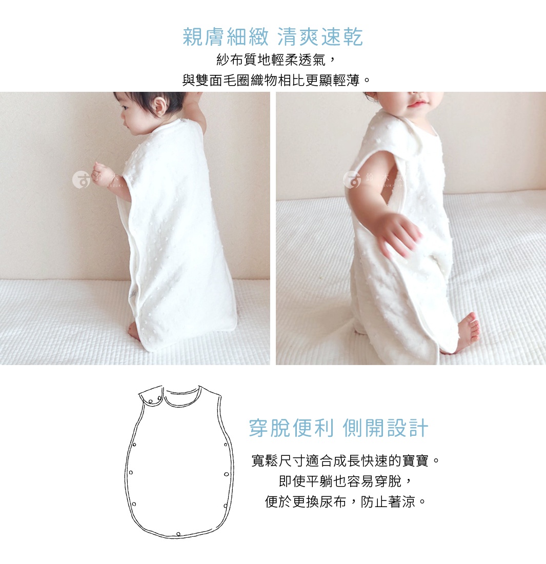 兩張照片展示嬰兒穿著白色、帶有細小圓點紋路的紗布材質防踢被，右圖為側面，左圖為背面。下方為防踢被的線稿圖，顯示其側開扣式設計。