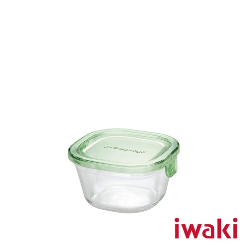 透明耐熱玻璃方形微波保鮮盒，帶淺綠色玻璃蓋，盒身帶有「PACK & RANGE」字樣。