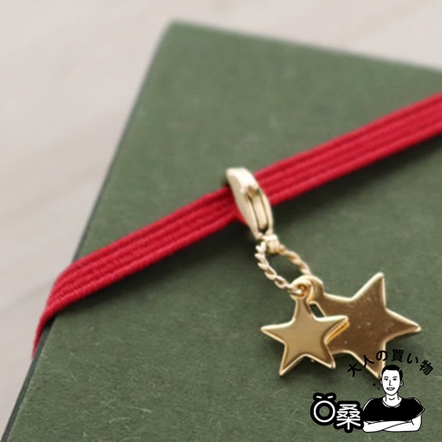 紅色緞帶束著綠色封面的書本，緞帶上繫著一個金色夾子，夾子下方垂掛著兩個大小不一的金色星星吊飾。