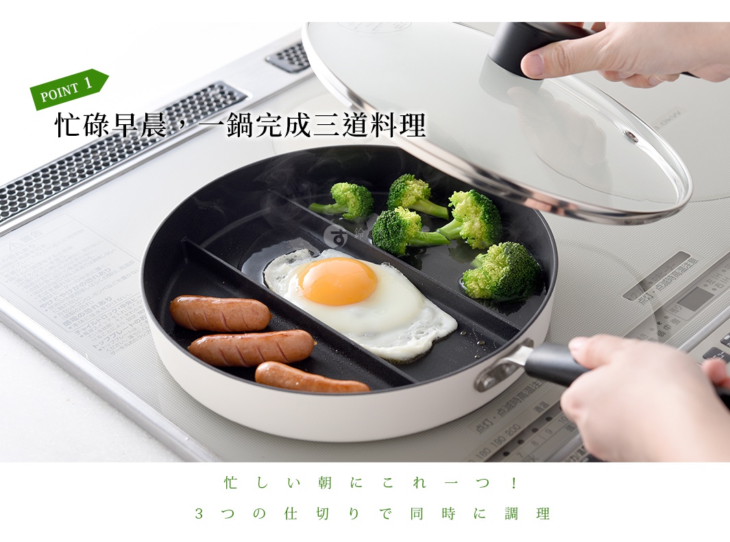 圖片文字：忙碌早晨，一鍋完成三道料理。忙しい朝にこれ一つ！3つの仕切りで同時調理。/code