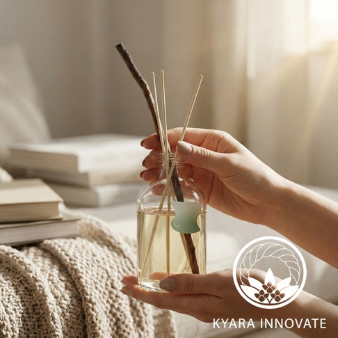 KYARA INNOVATE 擴香瓶，玻璃瓶內裝有淡黃色擴香液與擴香竹，一隻手正拿起擴香瓶，背景是柔和的室內陳設。
