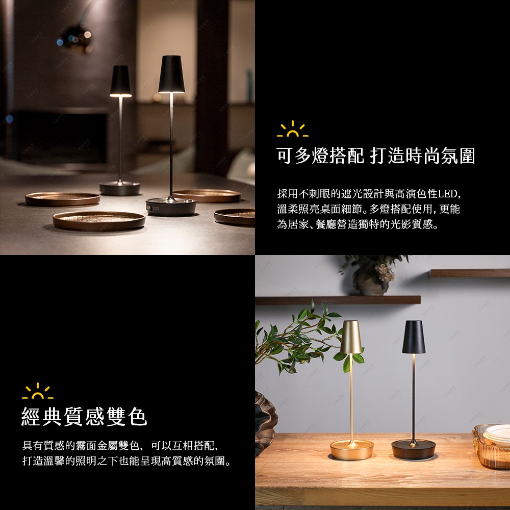 金屬復古氛圍燈，燈罩為錐形，搭配細長燈桿及圓形底座。圖片中展示金色和黑色兩款，皆為LED燈，營造溫和光線。