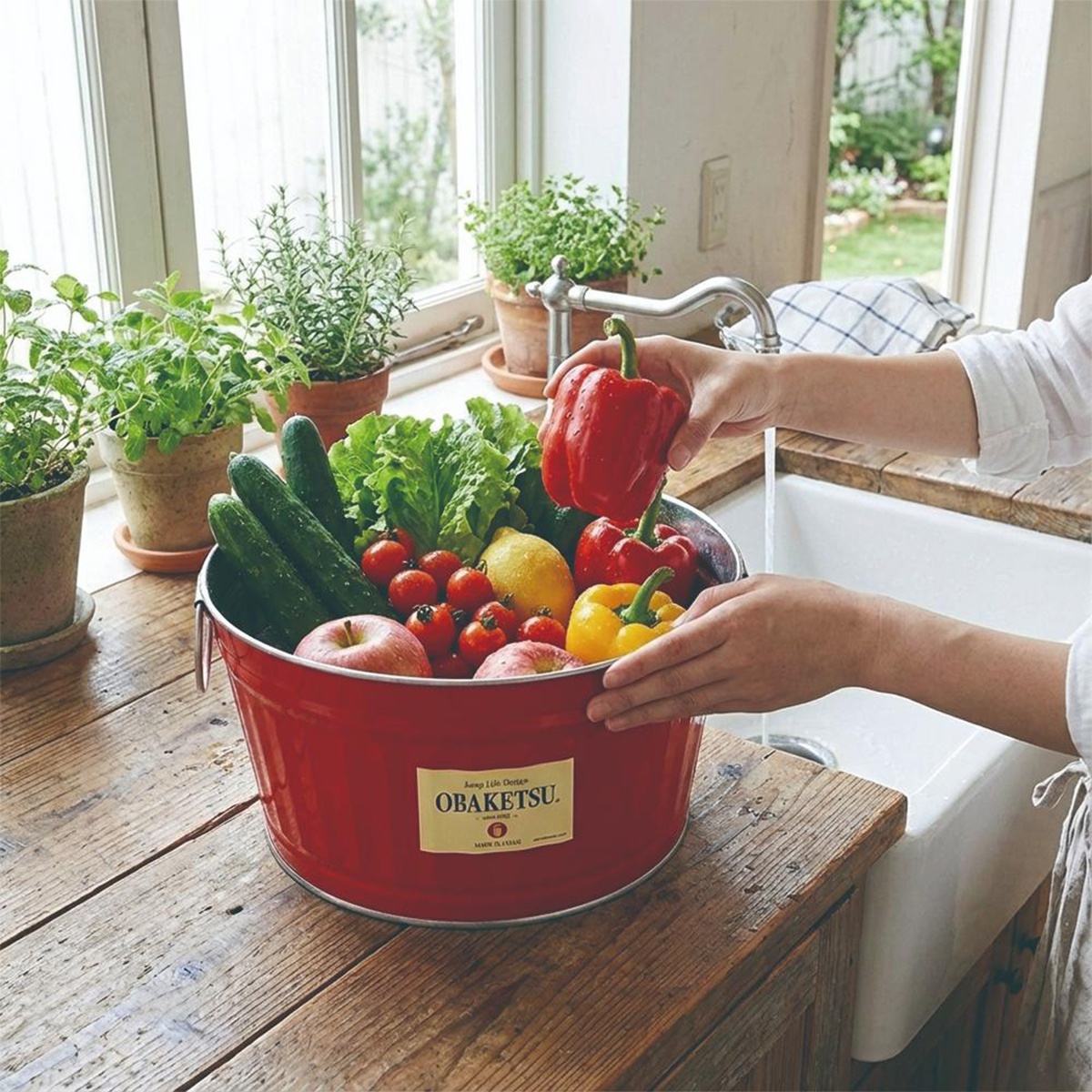 紅色的OBAKETSU手工迷你桶裝滿了新鮮的蔬菜和水果，旁邊是一雙手正在清洗紅色的甜椒