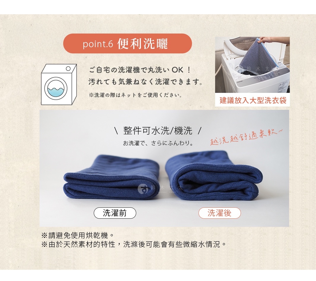 一塊布料展示洗滌前和洗滌後的樣子，旁邊是關於產品可水洗機洗和洗滌注意事項的日文說明。
