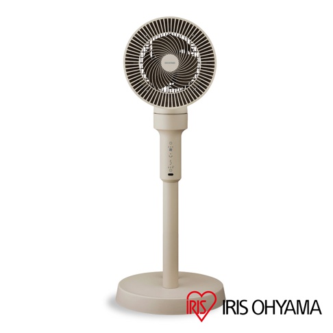 米色直立式落地換氣風扇，圓形風扇頭，帶有黑色扇葉，機身簡潔，設有控制面板，底部為圓形底座。