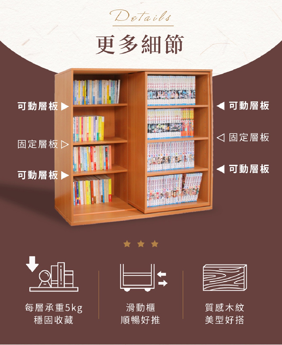 實木紋理的四層書架，左側展示書籍，右側展示漫畫，書架隔板可自由調整，整體呈淺木色。
