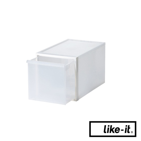 一個白色半透明的塑膠抽屜式收納箱，抽屜部分拉開，展示內部空間。