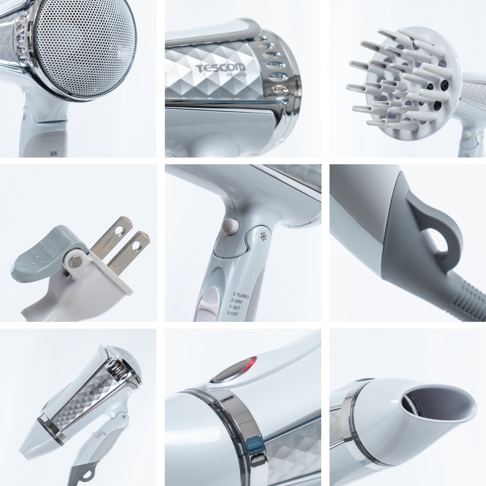 TID962 大風量負離子吹風機白色機身，包含網狀進風口、菱格紋機身、可拆卸烘罩、三段式風量開關、電線收納掛環及電源插頭等細節特寫。