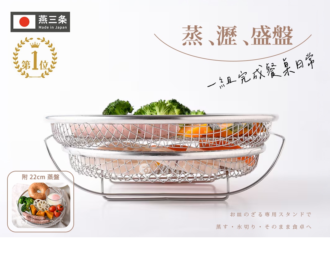 一張日本燕三条製造的不鏽鋼蒸網架與蒸盤組合，產品置於白色背景中，展示了蒸、瀝水與盛盤的多功能設計。主圖呈現兩層不鏽鋼網狀蒸盤疊放在架子上，內部裝有蔬菜與食材。左下角小圖顯示將成品直接端上餐桌的應用場景，體現了一組完成餐桌日常的便利性。