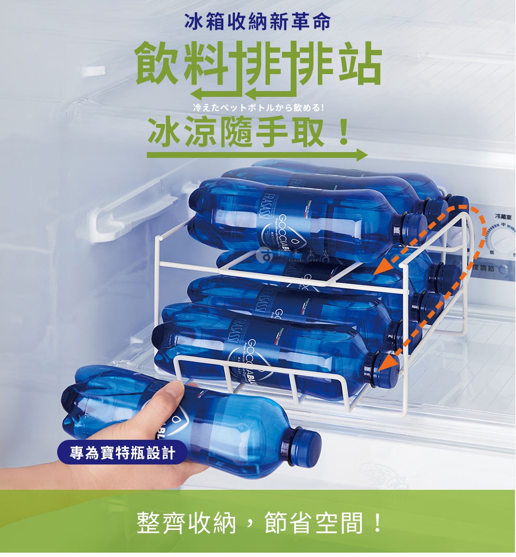 白色金屬製滾動式寶特瓶收納架，內含多瓶藍色透明寶特瓶，收納架置於冰箱內，一隻手正從架上取下一瓶寶特瓶。