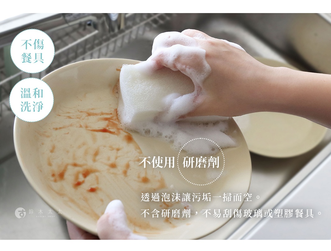 一名女子正用泡泡海綿清洗有食物殘渣的碗盤，碗盤旁的標示強調其不傷餐具、溫和洗淨且不含研磨劑。