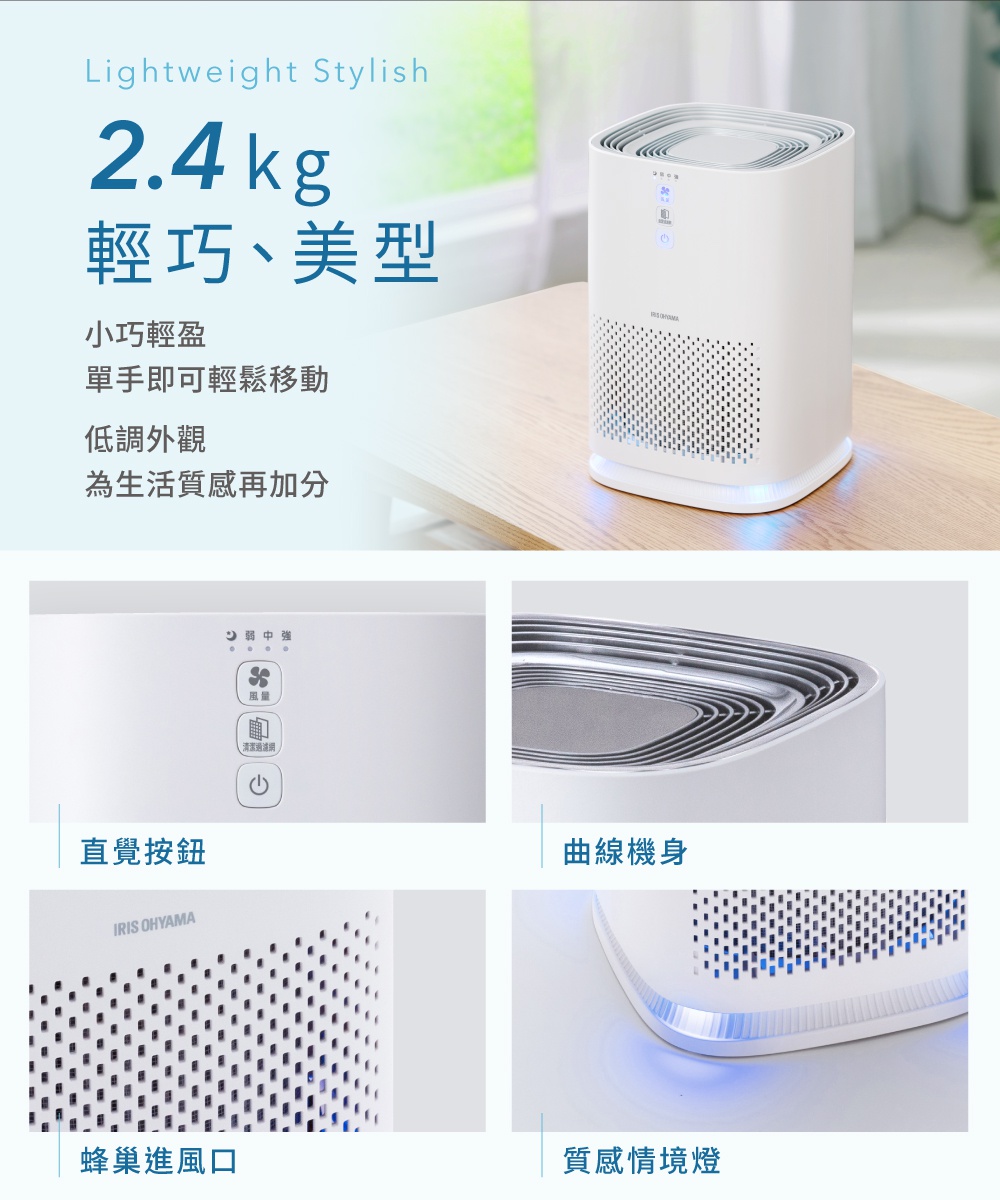 情境式空氣清淨機 IAP-A25，白色圓角方形機身，頂部有出風口，正面有蜂巢狀進氣孔及觸控面板，底部有藍色氛圍燈。
