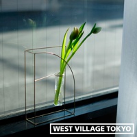 黃銅書架款掛擺兩用花器，由細緻的黃銅線條構成，包含一個直立的矩形框架和一個半圓形支架，內置一支玻璃試管，其中插有兩株綠葉植物和未開的花苞。