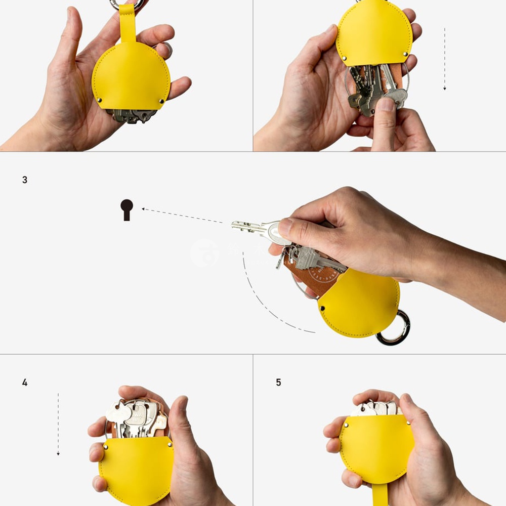 FABRIK 皮革圓型收納鑰匙圈，展示收納鑰匙的步驟，包括將鑰匙放入圓形皮套、使用鑰匙開鎖，以及再次收納鑰匙的過程