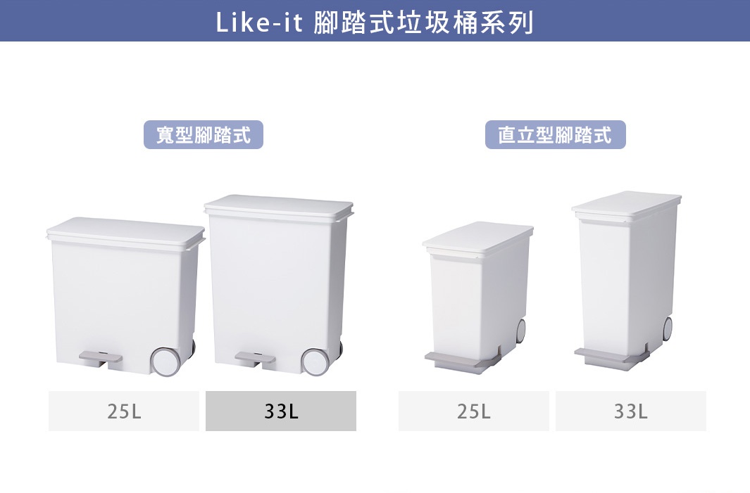 白色寬型腳踏式分類垃圾桶，容量 33L，配有銀色腳踏板和兩個輪子，材質為塑膠。