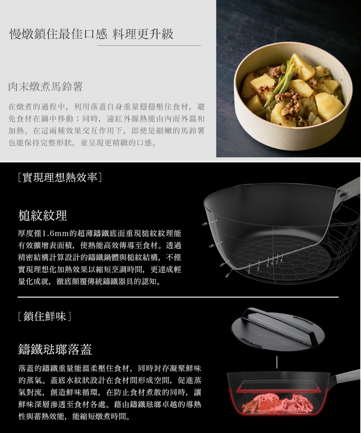 圖片文字：慢燉鎖住最佳口感 料理更升級 肉末燉煮馬鈴薯 在燉煮過程中 利用落蓋自身重量穩穩壓住食材 避免食材在鍋中移動 同時遠紅外線熱能由內而外溫和加熱 在這兩種效果交互作用下 即使是細嫩的馬鈴薯也能保持完整形狀 並呈現更精緻的口感 實現理想熱效率 槌紋紋理 厚度僅1點6毫米的超薄鑄鐵底面重現槌紋紋理能有效增表面積 使熱能高效傳導至食材 鎖住鮮味 鑄鐵琺瑯落蓋 落蓋的鑄鐵重量能溫柔壓住食材 同時封
