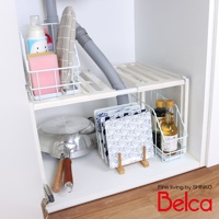 白色伸縮槽下單層站立收納架，架上放置著粉色海綿、清潔劑、灰色隔熱墊、灰色波紋軟管、兩個醬料瓶，以及一套藍白色圖案的盤子，下方還有鍋具和木質支架。